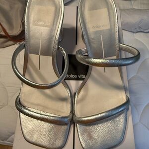 Dolce Vita Noles Silver Leather Heeled Sandals with Sleek Straps